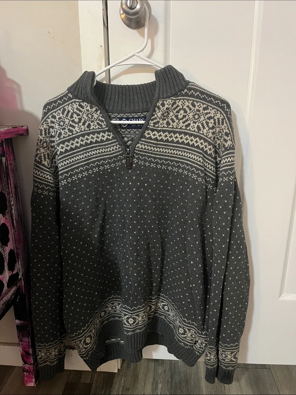 Chaps Gray and Cream Fair Isle Half-Zip Sweater